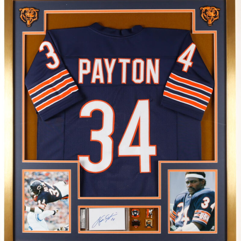 Cuadro Coleccionable Walter Payton Firmado + Parches y Pines – Autenticado por PSA/DNA
